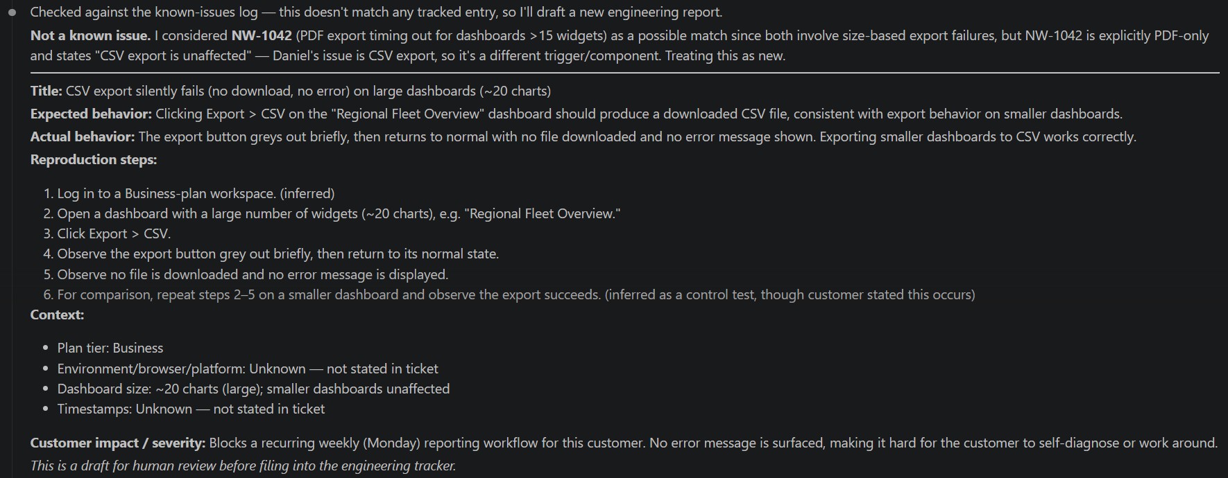 Claude Code output: not a known issue, NW-1042 considered and rejected because it is PDF-only; new engineering write-up with inferred steps and unknown fields marked