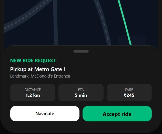 Driver request showing pickup at Metro Gate 1 with the McDonald's entrance landmark