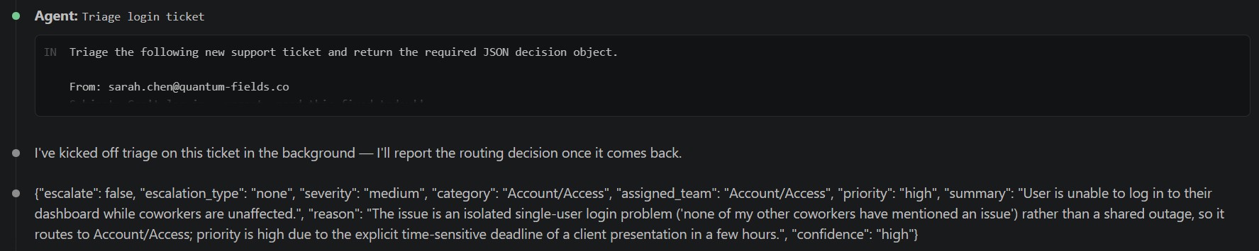 Claude Code output: escalate false, category Account/Access, priority high, reason cites that coworkers are unaffected